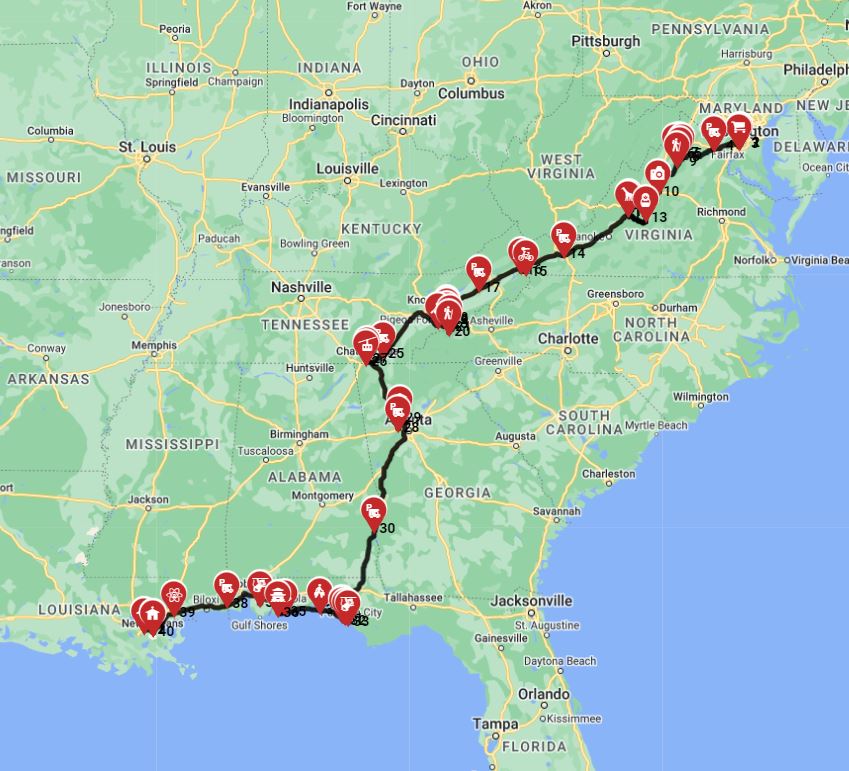 Washington DC to New Orleans RV trip planner